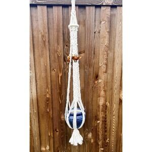 Macrame Cream Plant Hanger Boho 70s Hanging Planter w/ Owl Accents 58" Long